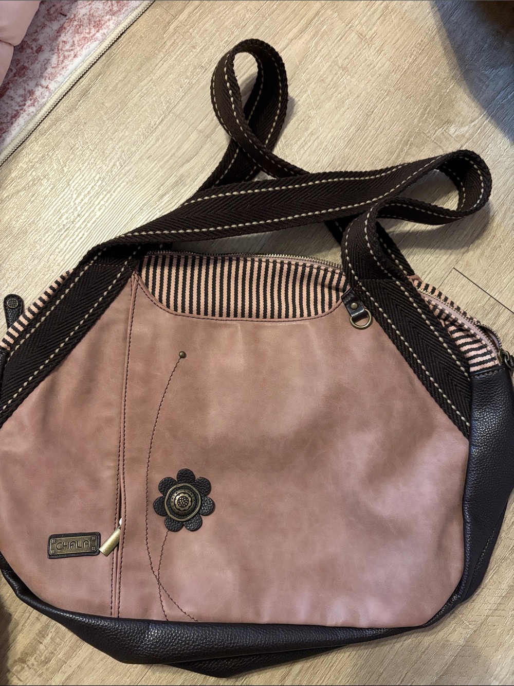 Chala Pink Floral Accent Shoulder Bag with Dark Trim